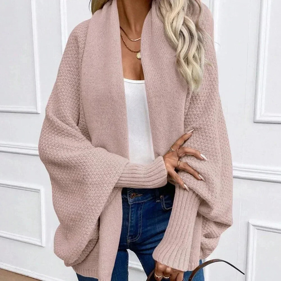 Pink Casual Women's Solid Color Batwing Sleeve Long Sleeve Cardigan - Picture 1 of 6